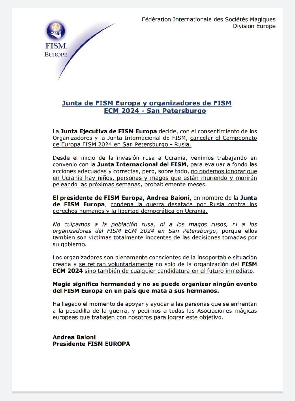 counicado oficial de la FISM Europa anunciando la cancelacion del FISM Europe 2024